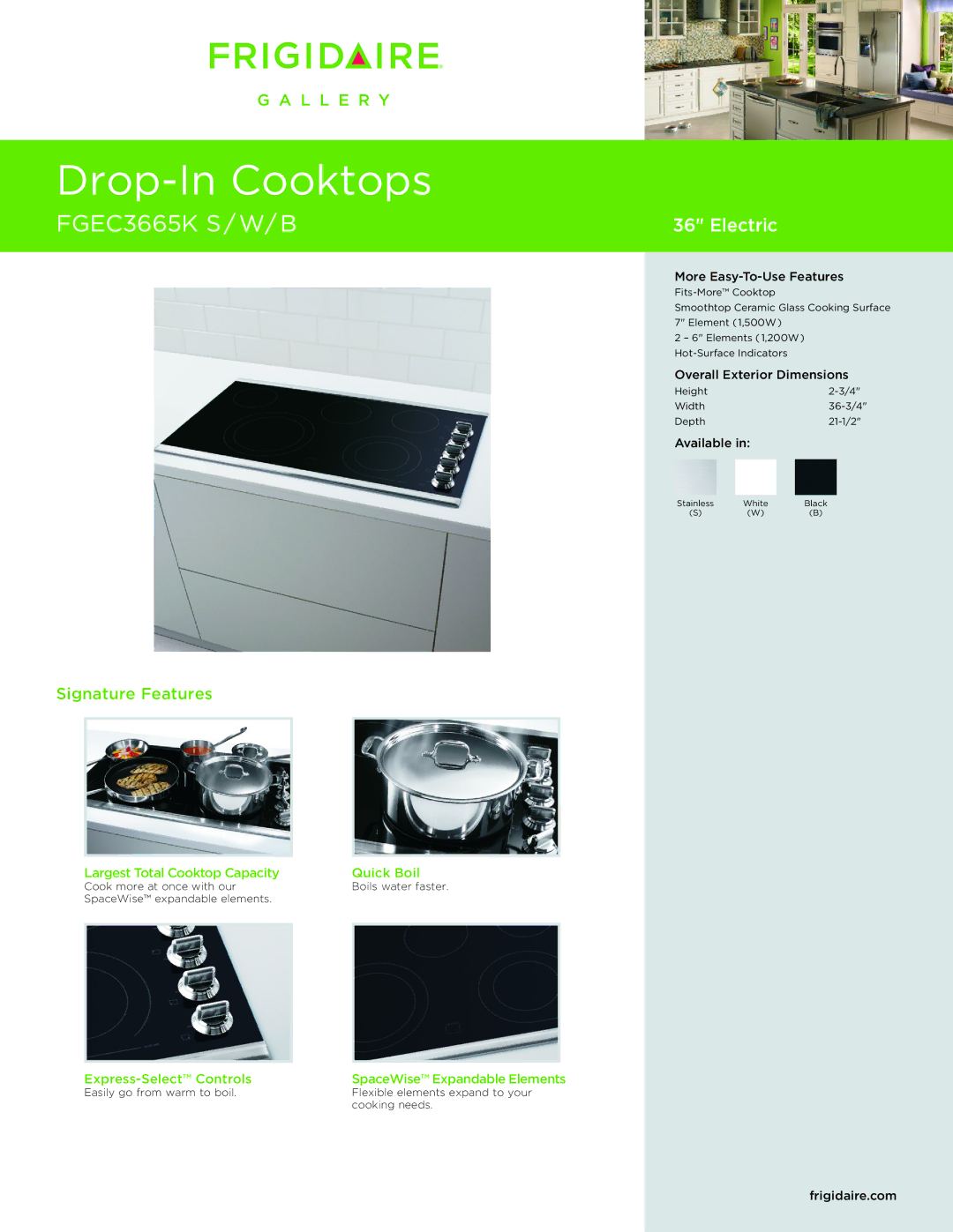 Frigidaire dimensions Drop-In Cooktops, FGEC3665K S / W/ B, Electric, Signature Features 